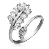 Bague réglable en argent avec pierre blanche et feuille pour femme
